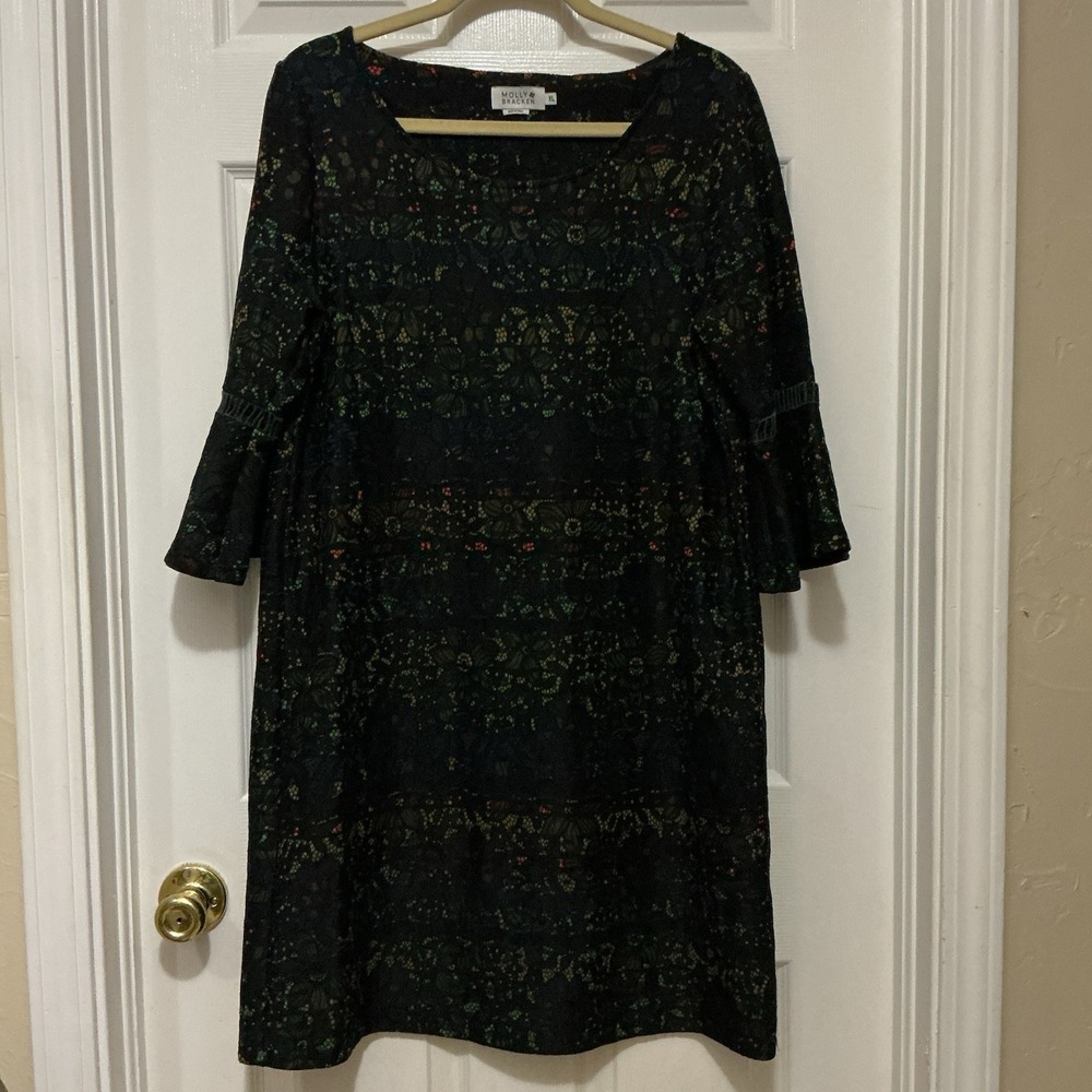 Molly Bracken Women Dress XL Black Lace Over Print 3/4 Bell Sleeves BOHO - Picture 2 of 7